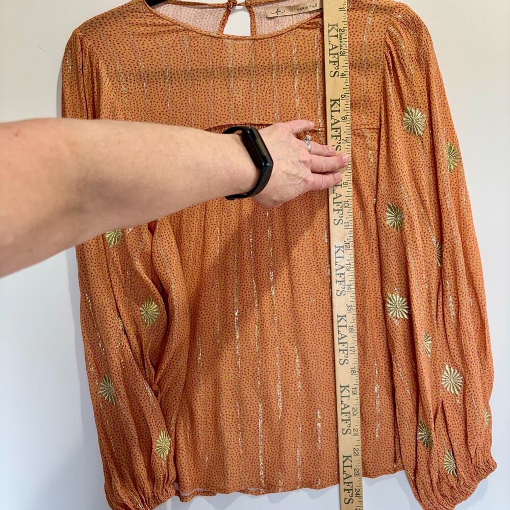Maria Filo Brazil Peasant Blouse Metallic Thread Sheer Boho Gold Orange Womens M - Picture 7 of 9